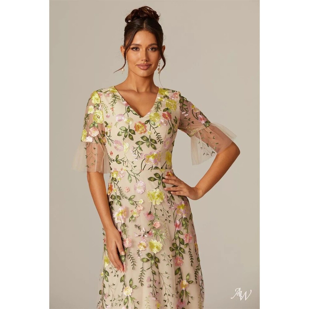 New Bridal Carole Formal Prom Dress Size 4 Beige Floral Embroidered Tulle Maxi - Picture 2 of 15
